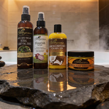 Set of Adiva Naturals hair care and hair growth products on a stone surface in a bathroom setting. 