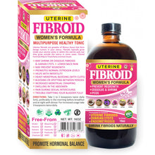Packaging for Organic Fibroid Bitters 16oz, with information about the product's use for women's health, particularly uterine fibroids and ovarian cysts.