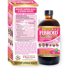 Packaging for Organic Fibroid Bitters 16oz, with information about the product's use for women's health, particularly uterine fibroids and ovarian cysts.