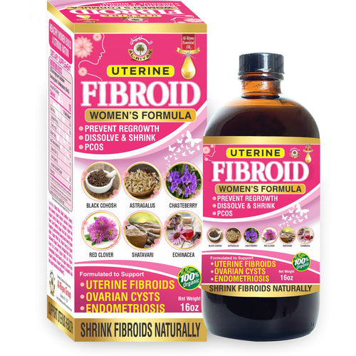 Packaging for Organic Fibroid Bitters 16oz, with information about the product's use for women's health, particularly uterine fibroids and ovarian cysts.