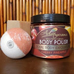 Luxurious Bath Set: Body Polish, Bath Bomb & Soap - Cherry Pineapple (Seasonal)