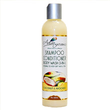 Adiva Naturals Bottle of shampoo, conditioner, and body wash with coconut and avocado ingredients on a white background